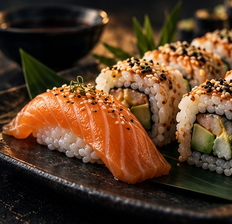 Zalm nigiri en sushirolls op een donkere schaal