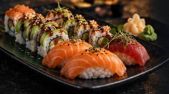 Schaal met special rolls, zalm nigiri en tonijn